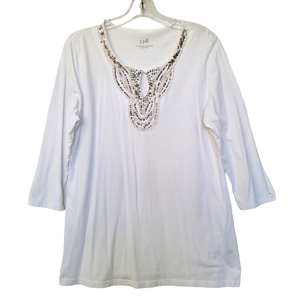 J. Jill White Silk Trim Sequined Tee Tunic Cotton Modal Knit 3/4 Sleeve Large L